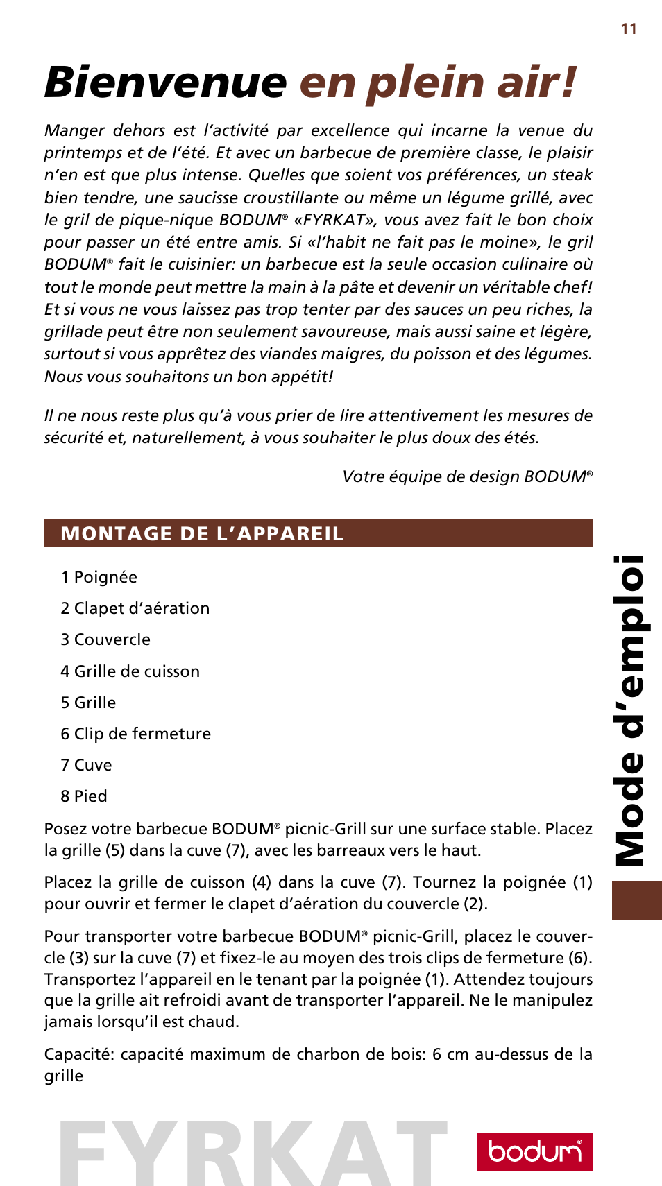 Fyrkat, Bienvenue en plein air, Mode d’emploi | Bodum FYRKAT 10630 User Manual | Page 12 / 23