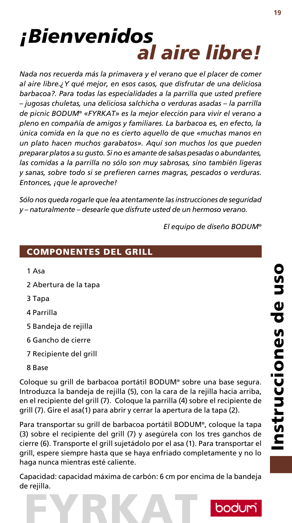 Fyrkat, Bienvenidos al aire libre, Instrucciones de uso | Bodum FYRKAT 10630 User Manual | Page 20 / 23
