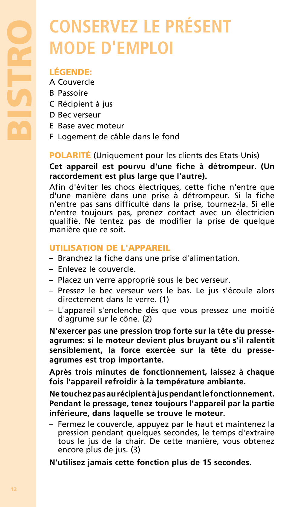 Bis tro, Conservez le présent mode d'emploi | Bodum 11149 User Manual | Page 14 / 47