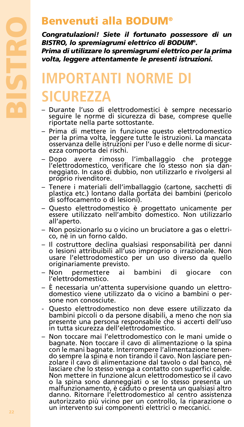 Bis tro, Importanti norme di sicurezza, Benvenuti alla bodum | Bodum 11149 User Manual | Page 24 / 47