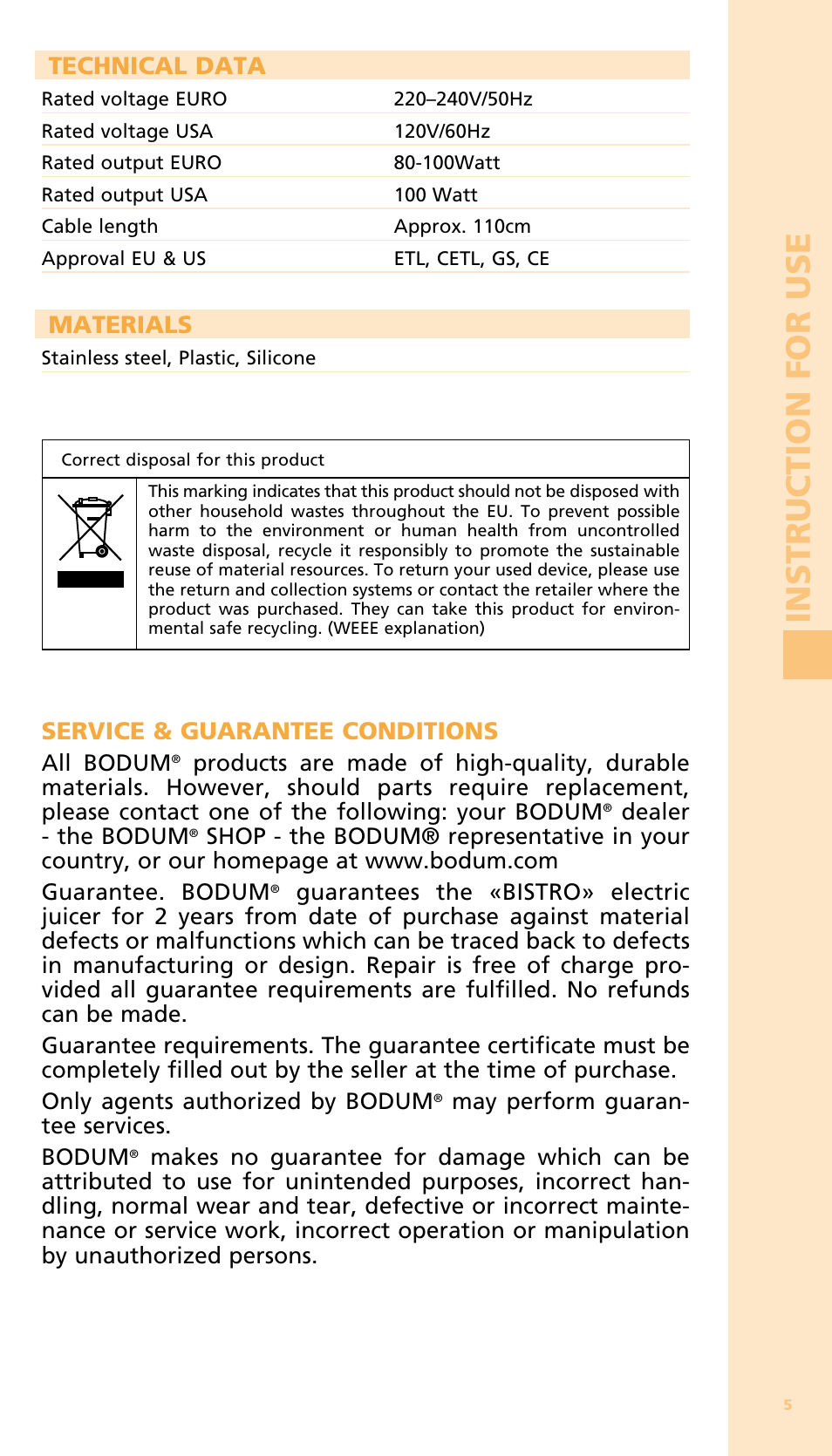 Technical data, Materials, Service & guarantee conditions | Bodum 11149 User Manual | Page 7 / 47