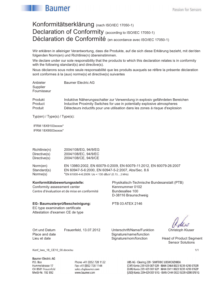 Konformitätserklärung, Declaration of conformity, Déclaration de conformité | Baumer IFRM 18X9103 User Manual | Page 4 / 4