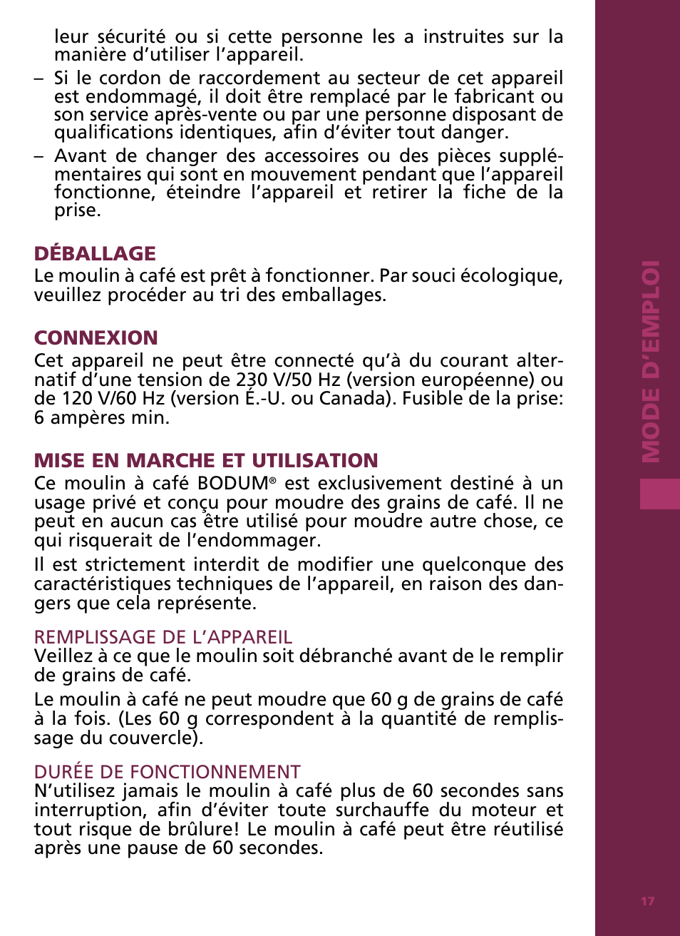 Mode d ’e m ploi | Bodum Bistro 11160 User Manual | Page 18 / 66