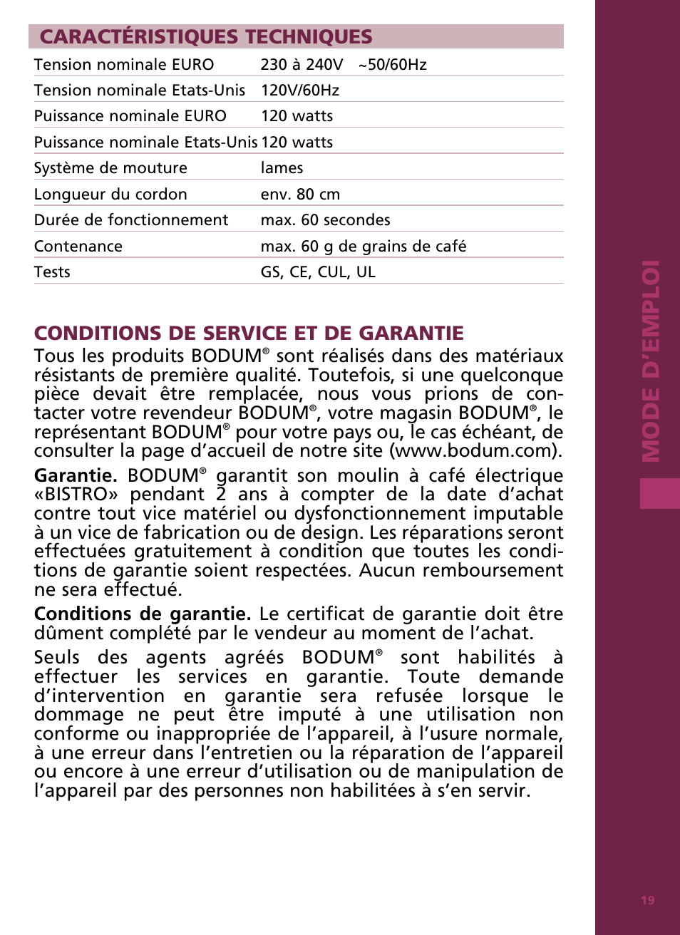 Mode d ’e m ploi, Caractéristiques techniques, Conditions de service et de garantie | Bodum Bistro 11160 User Manual | Page 20 / 66