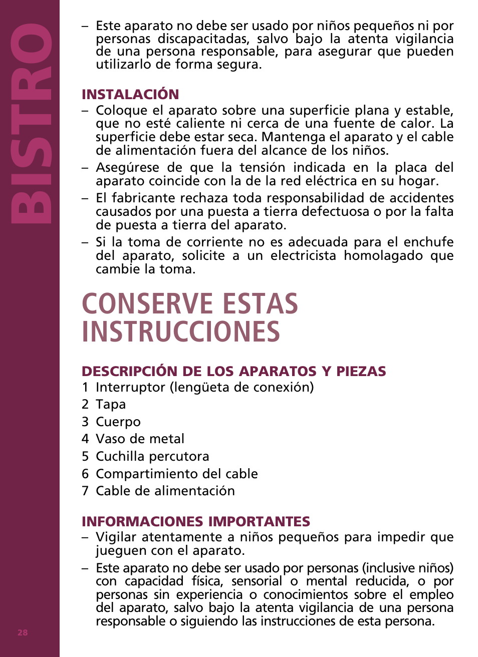 Bis tro, Conserve estas instrucciones | Bodum Bistro 11160 User Manual | Page 29 / 66