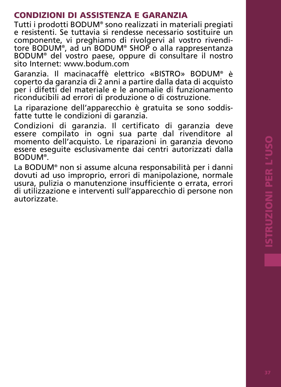 Is tr u zioni per l ’us o | Bodum Bistro 11160 User Manual | Page 38 / 66