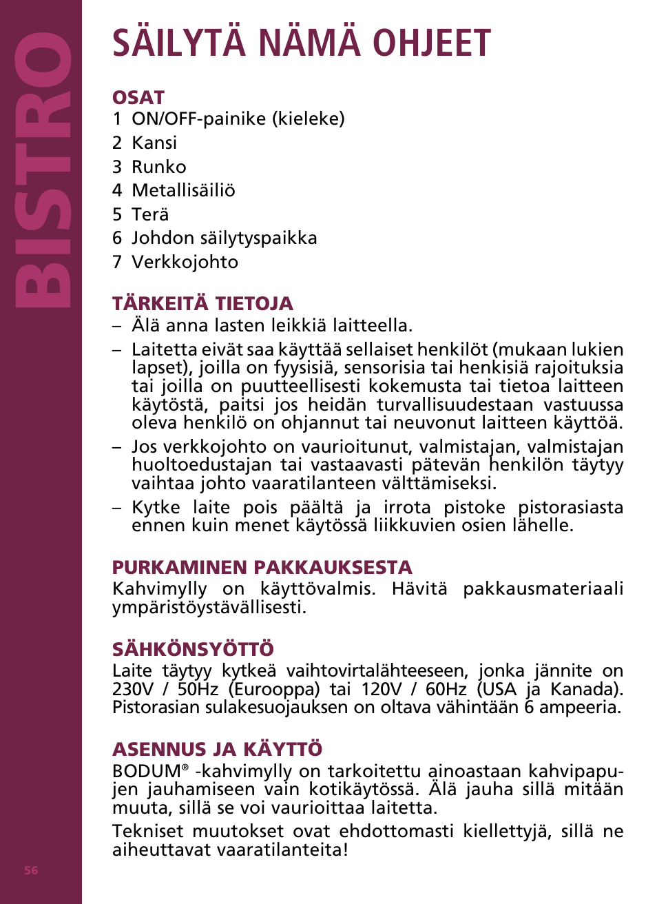 Bis tro, Säilytä nämä ohjeet | Bodum Bistro 11160 User Manual | Page 57 / 66