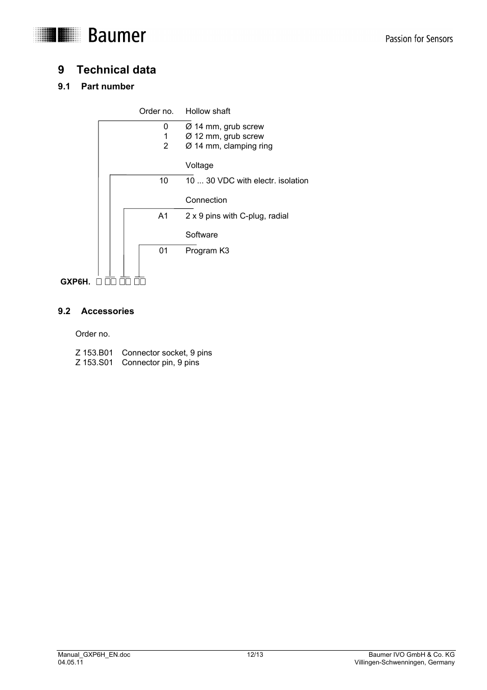 9 technical data | Baumer GXP6H User Manual | Page 12 / 13