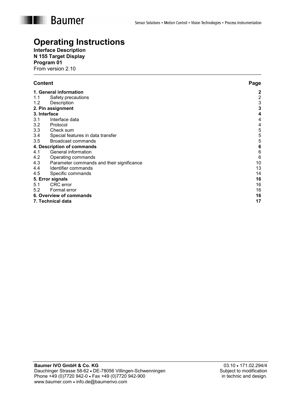 Baumer N 155 User Manual | 17 pages