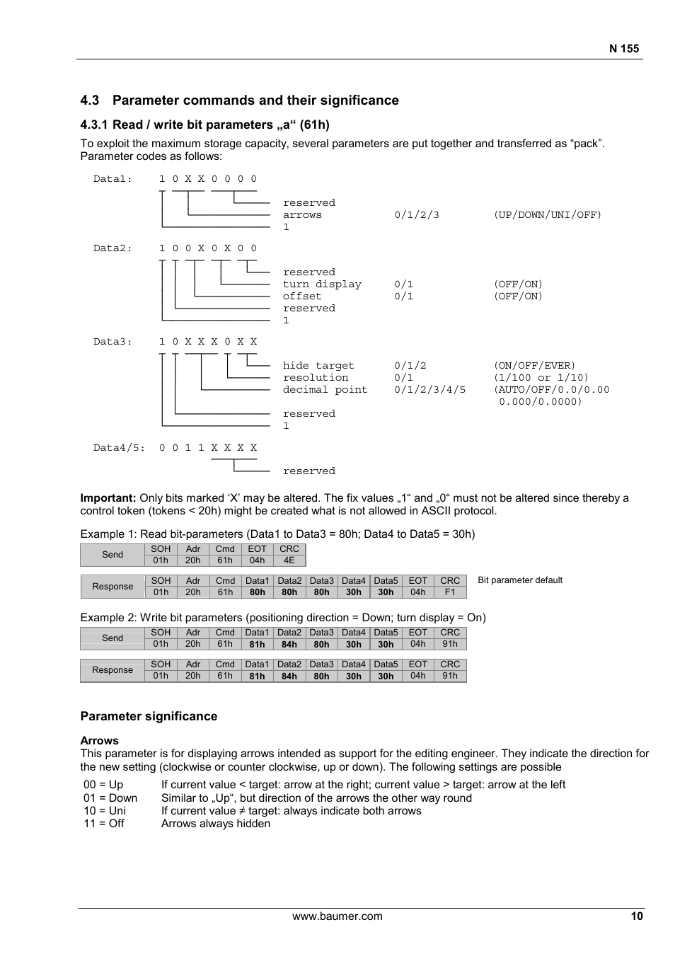 3 parameter commands and their significance, 1 read / write bit parameters „a“ (61h), Parameter significance | Baumer N 155 User Manual | Page 10 / 17