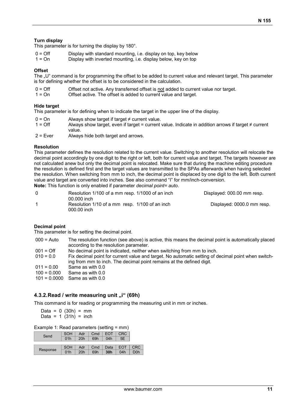 Read / write measuring unit „i“ (69h) | Baumer N 155 User Manual | Page 11 / 17