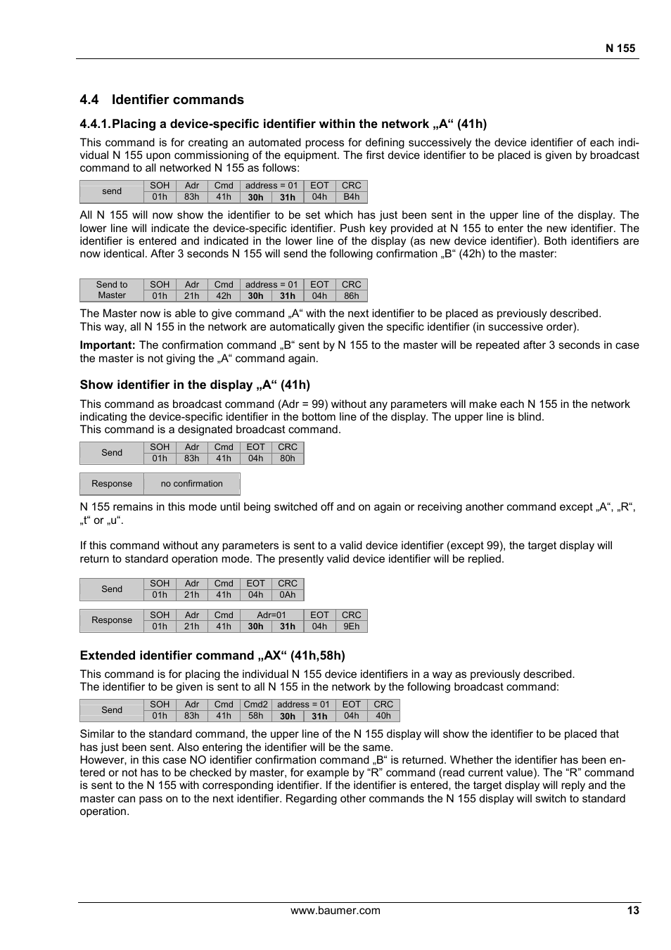 4 identifier commands, Show identifier in the display „a“ (41h), Extended identifier command „ax“ (41h,58h) | Baumer N 155 User Manual | Page 13 / 17