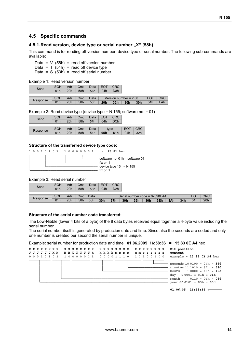 5 specific commands | Baumer N 155 User Manual | Page 14 / 17