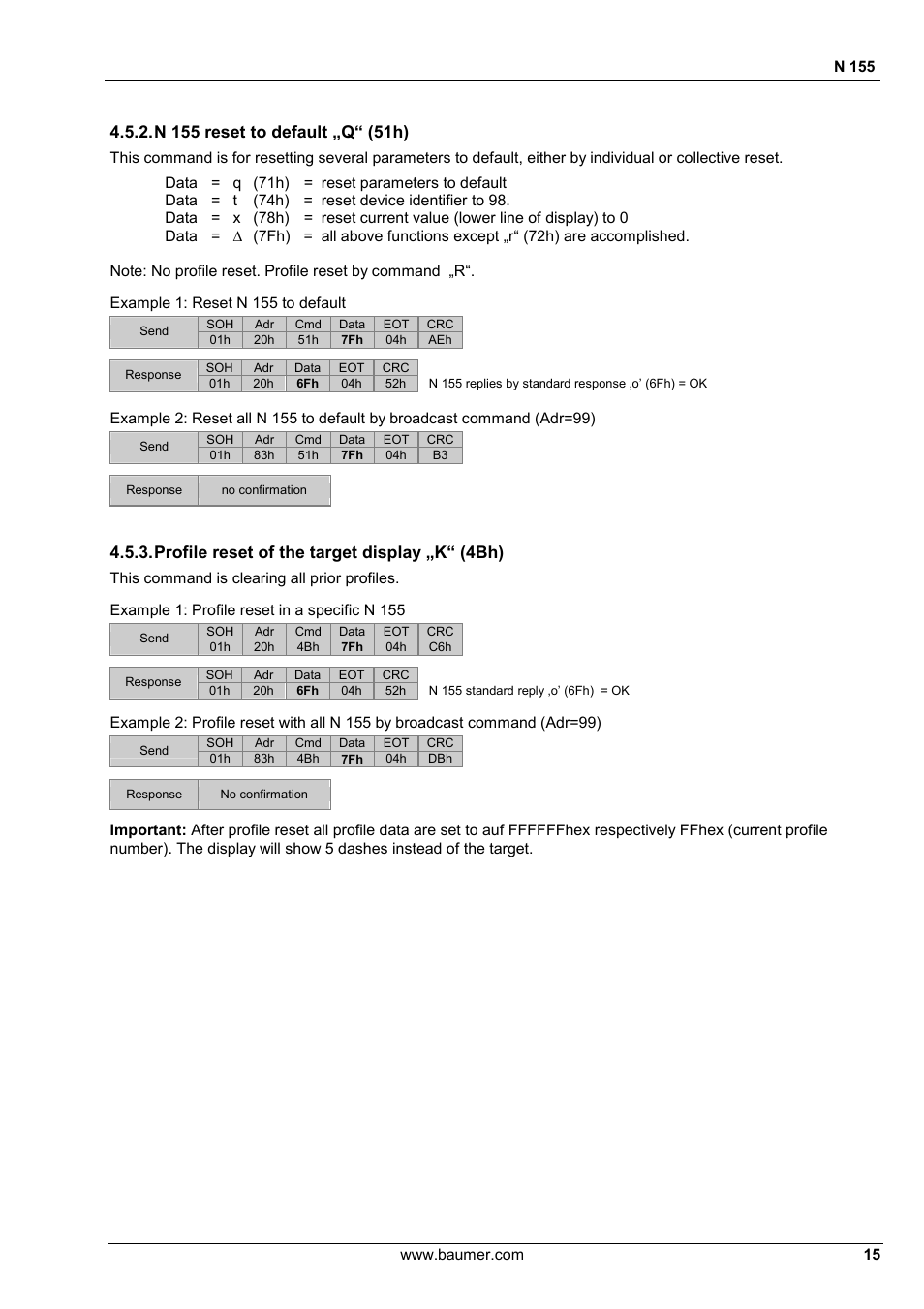 Profile reset of the target display „k“ (4bh) | Baumer N 155 User Manual | Page 15 / 17