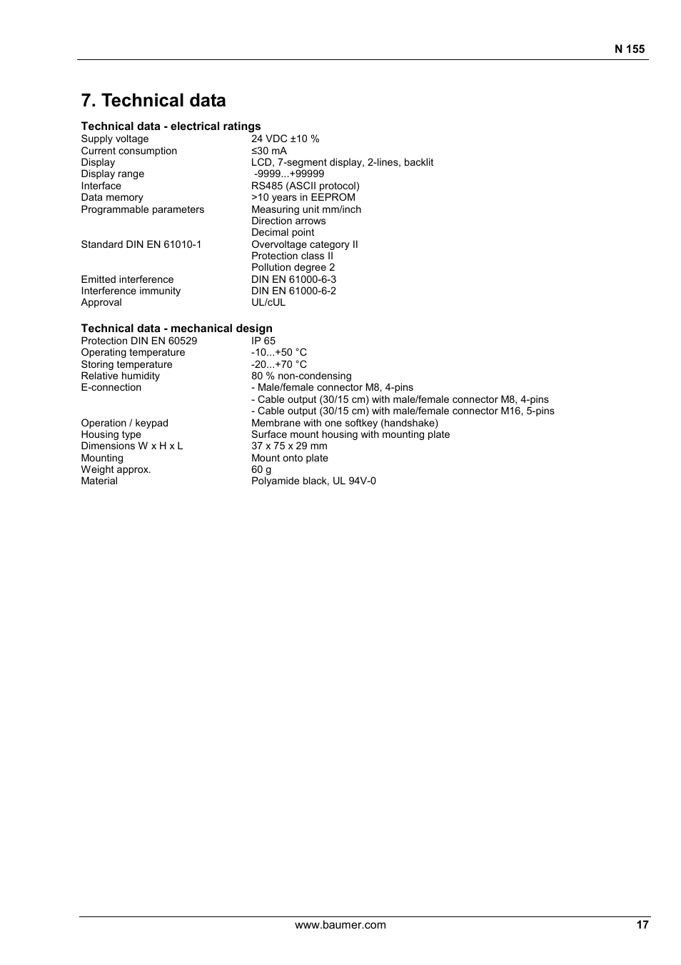 Technical data | Baumer N 155 User Manual | Page 17 / 17