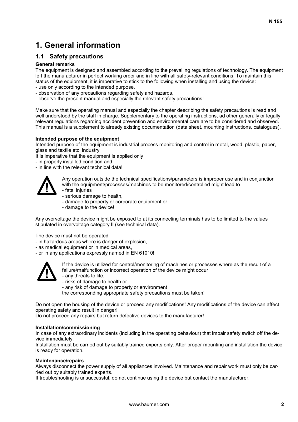 General information, 1 safety precautions | Baumer N 155 User Manual | Page 2 / 17