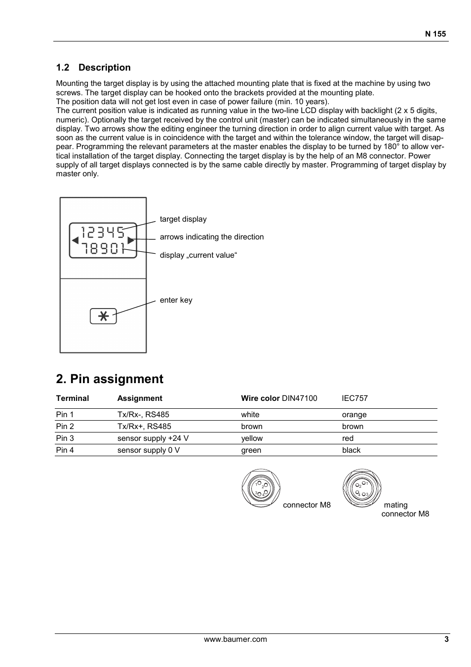 Pin assignment, 2 description | Baumer N 155 User Manual | Page 3 / 17