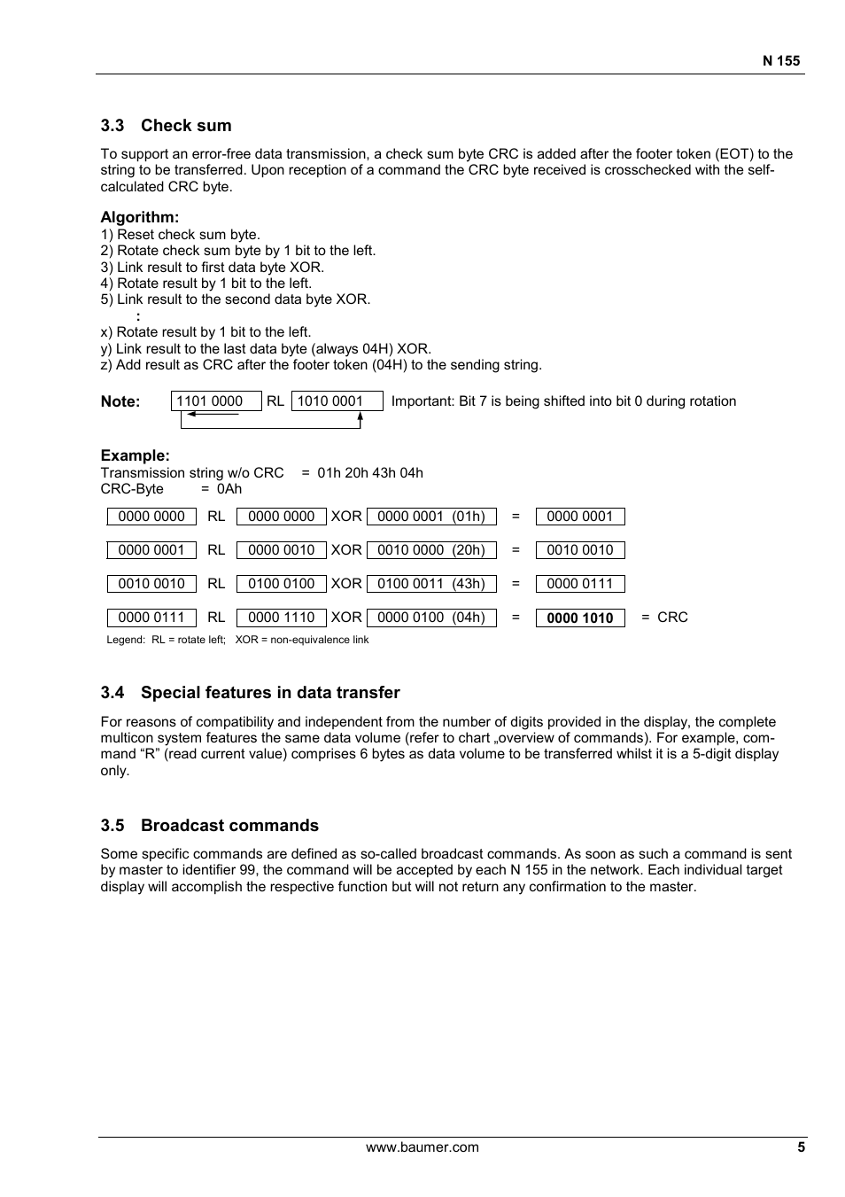 3 check sum, 4 special features in data transfer, 5 broadcast commands | Baumer N 155 User Manual | Page 5 / 17