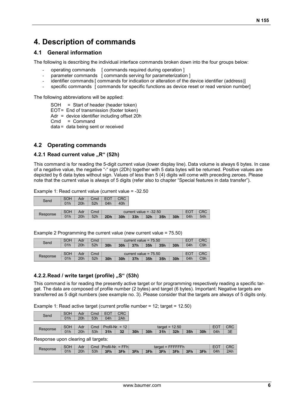 Description of commands, 1 general information, 2 operating commands | 1 read current value „r“ (52h), Read / write target (profile) „s“ (53h) | Baumer N 155 User Manual | Page 6 / 17