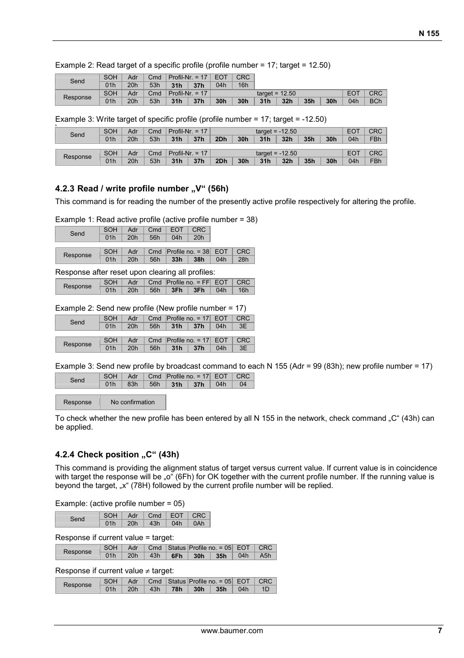 3 read / write profile number „v“ (56h), 4 check position „c“ (43h) | Baumer N 155 User Manual | Page 7 / 17