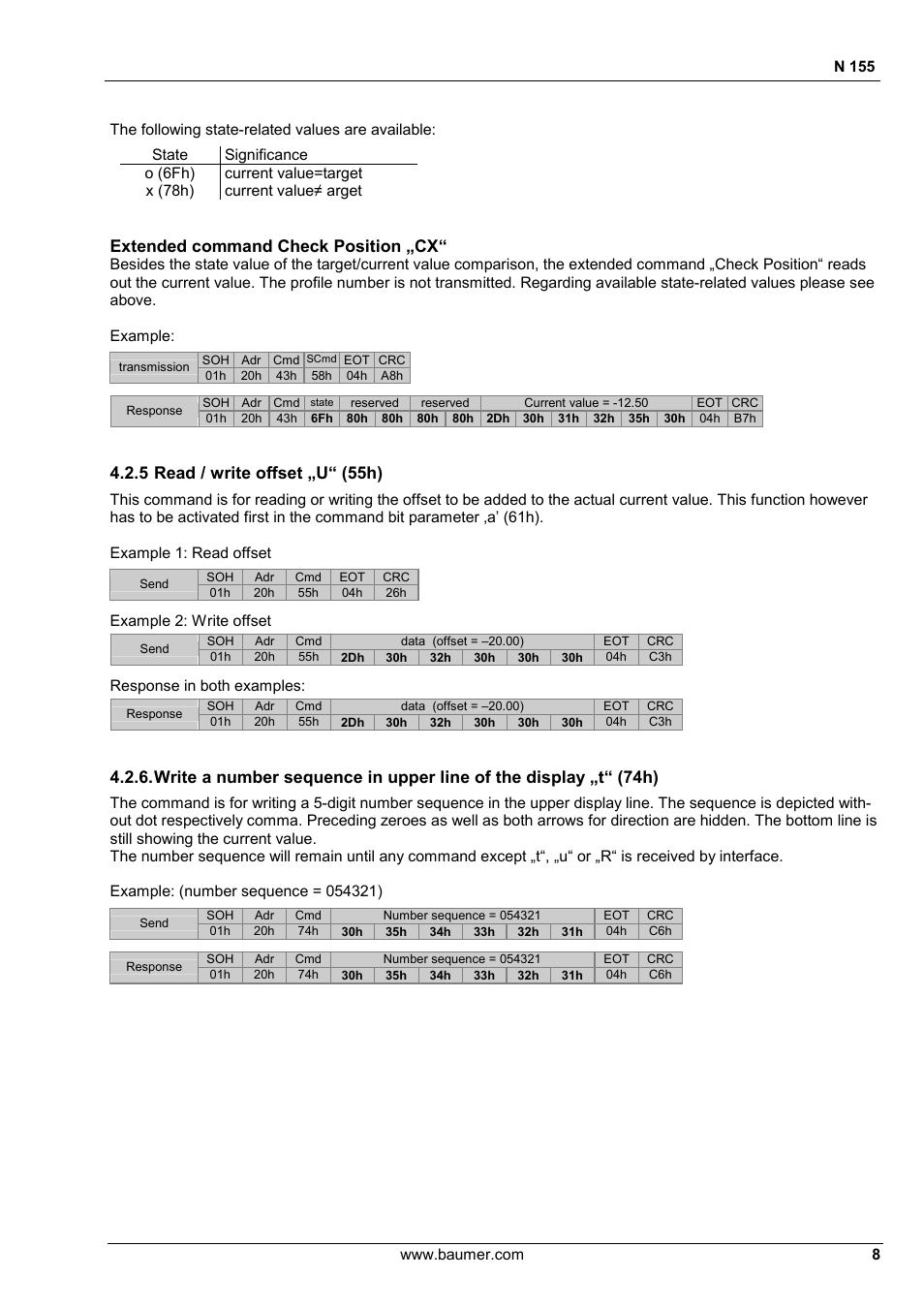 Extended command check position „cx, 5 read / write offset „u“ (55h) | Baumer N 155 User Manual | Page 8 / 17