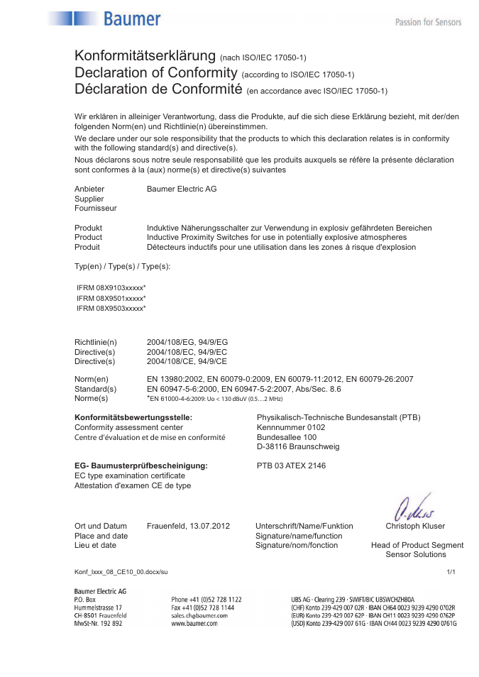 Konformitätserklärung, Declaration of conformity, Déclaration de conformité | Baumer IFRM 08X9103 User Manual | Page 4 / 4