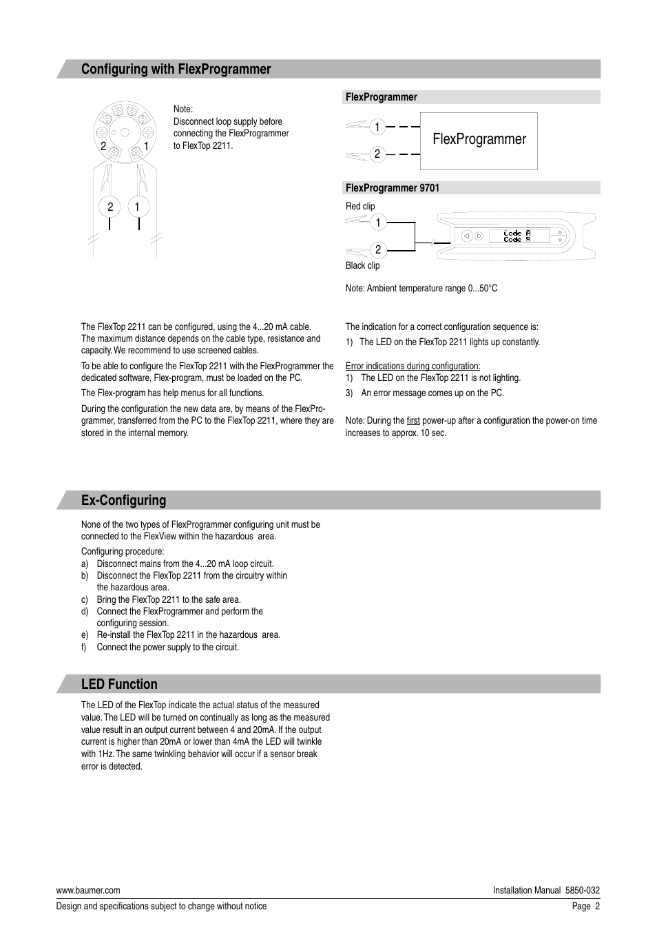 Flexprogrammer, Ex-confi guring, Confi guring with flexprogrammer | Led function | Baumer Flex Top 2211 User Manual | Page 2 / 4