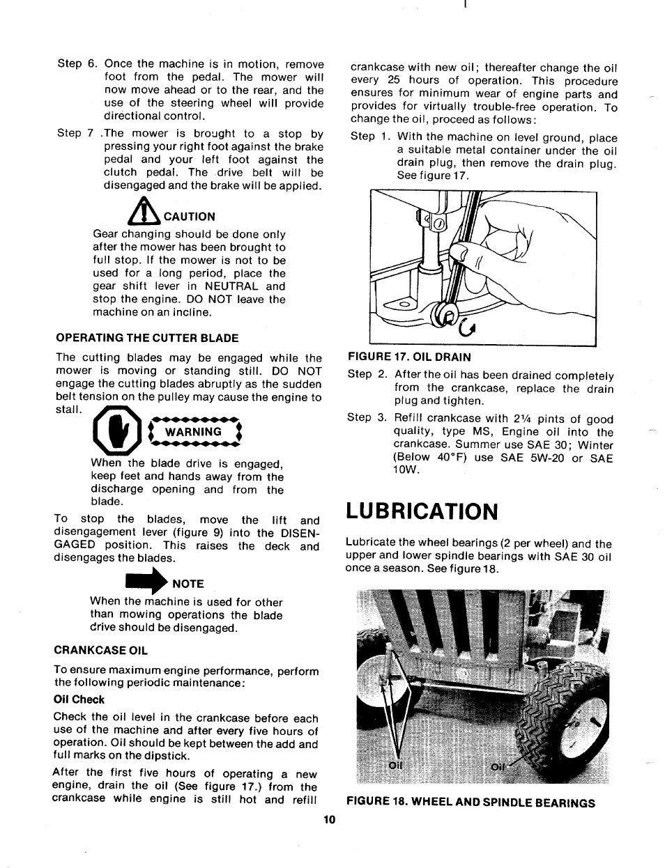 Operating the cutter blade, Warning, Note | Crankcase oil, Lubrication | Bolens 137-465A User Manual | Page 10 / 32