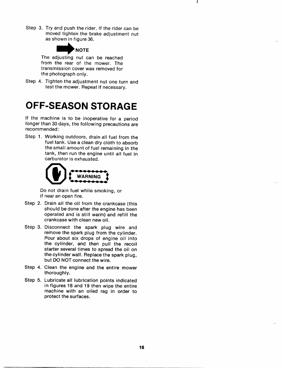 Note, Off-season storage, Warning | Bolens 137-465A User Manual | Page 16 / 32