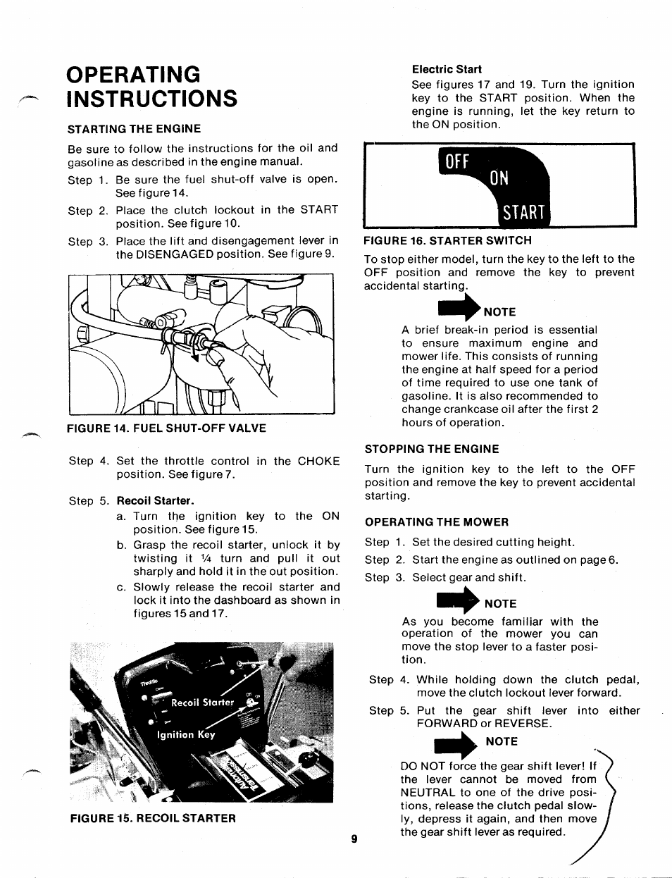 Operating, Instructions, Starting the engine | Electric start, Note, Stopping the engine, Operating the mower, Operating instructions | Bolens 137-465A User Manual | Page 9 / 32