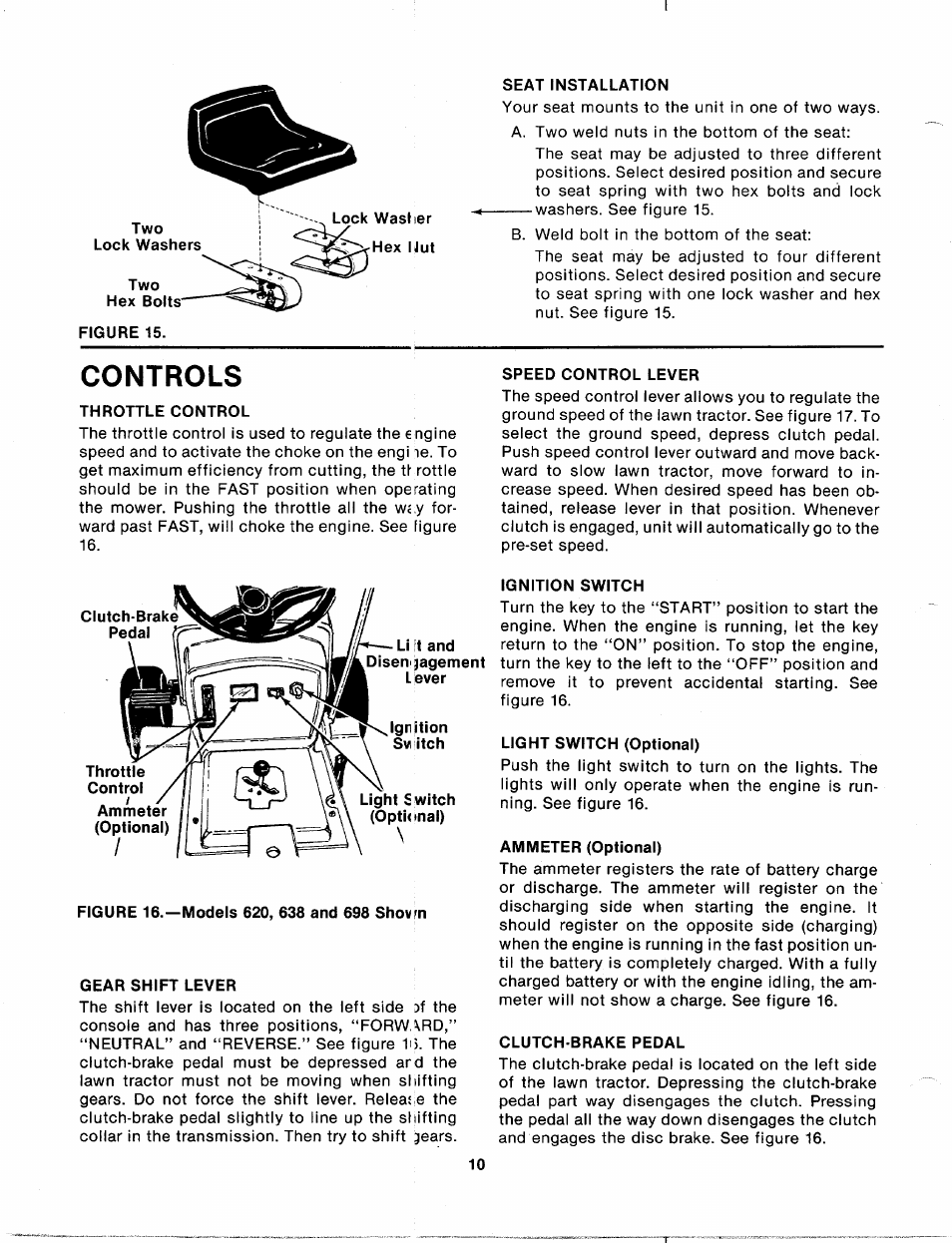 Lock washer hex ljut, Seat installation, Figure 15 | Controls, Throttle control, Speed control lever, Gear shift lever, Ignition switch, Light switch (optional), Ammeter (optional) | Bolens 135-688-000 User Manual | Page 10 / 40