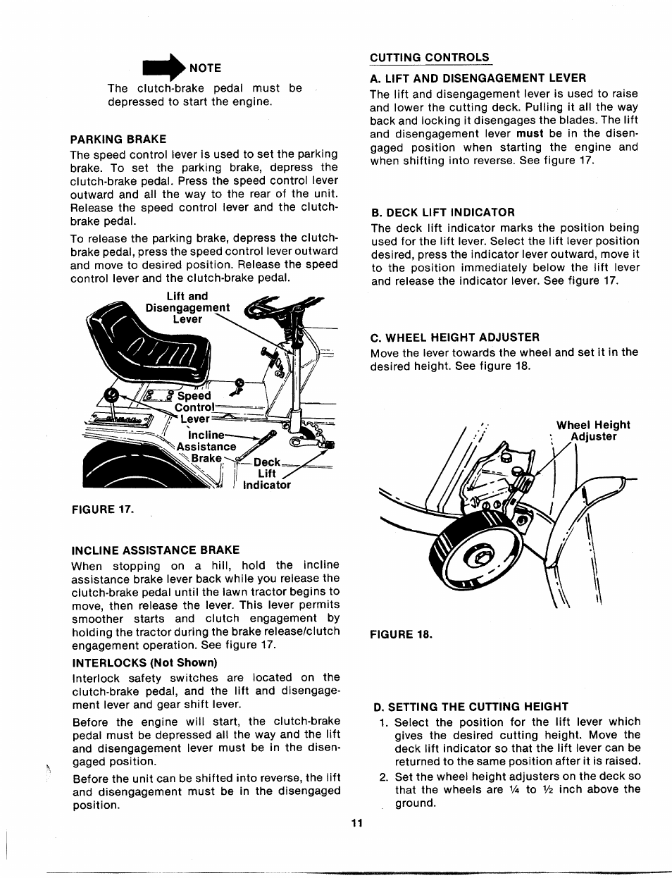 Note, Parking brake, Lift and | Incline assistance brake, Cutting controls, A. lift and disengagement lever, B. deck lift indicator, C. wheel height adjuster, Setting the cutting height | Bolens 135-688-000 User Manual | Page 11 / 40