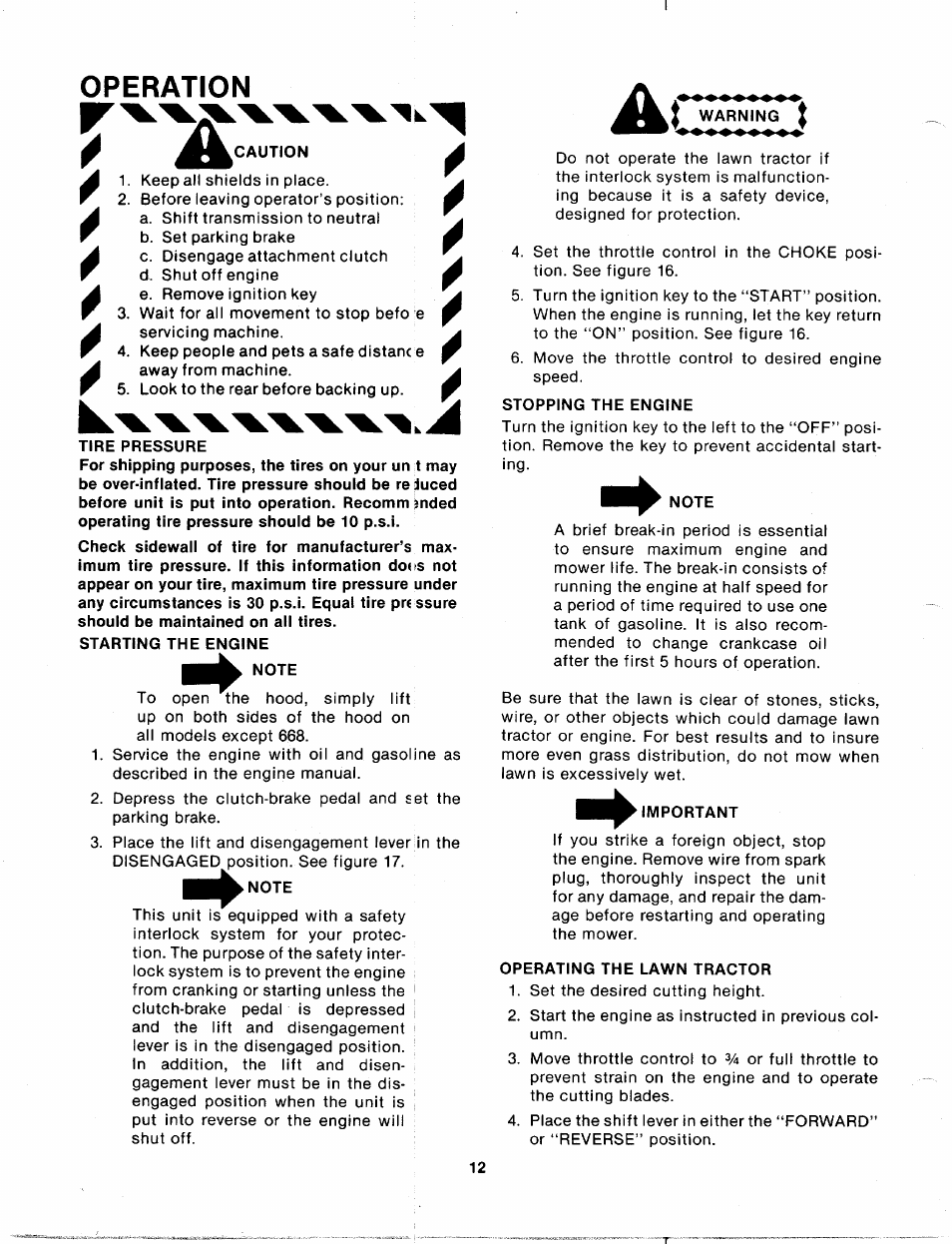 Operation, Caution, Tire pressure | Starting the engine, Note, Stopping the engine, Important, Operating the lawn tractor | Bolens 135-688-000 User Manual | Page 12 / 40
