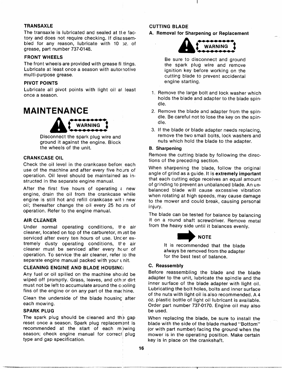 Transaxle, Front wheels, Pivot points | Cutting blade, Maintenance, Crankcase oil, Air cleaner, Cleaning engine and blade housinci, Spark plug, Note | Bolens 135-688-000 User Manual | Page 16 / 40