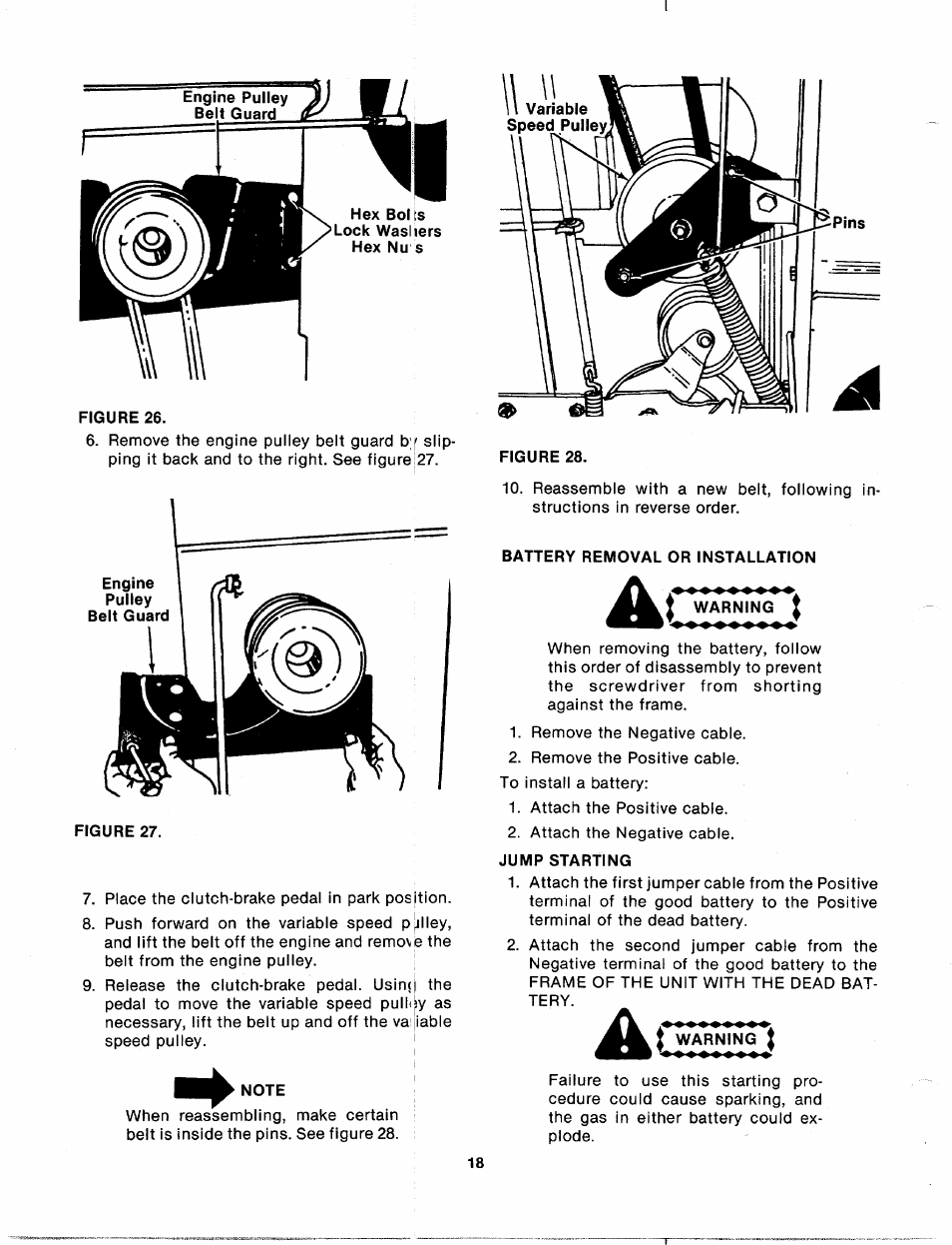 Note, Battery removal or installation, Jump starting | Bolens 135-688-000 User Manual | Page 18 / 40