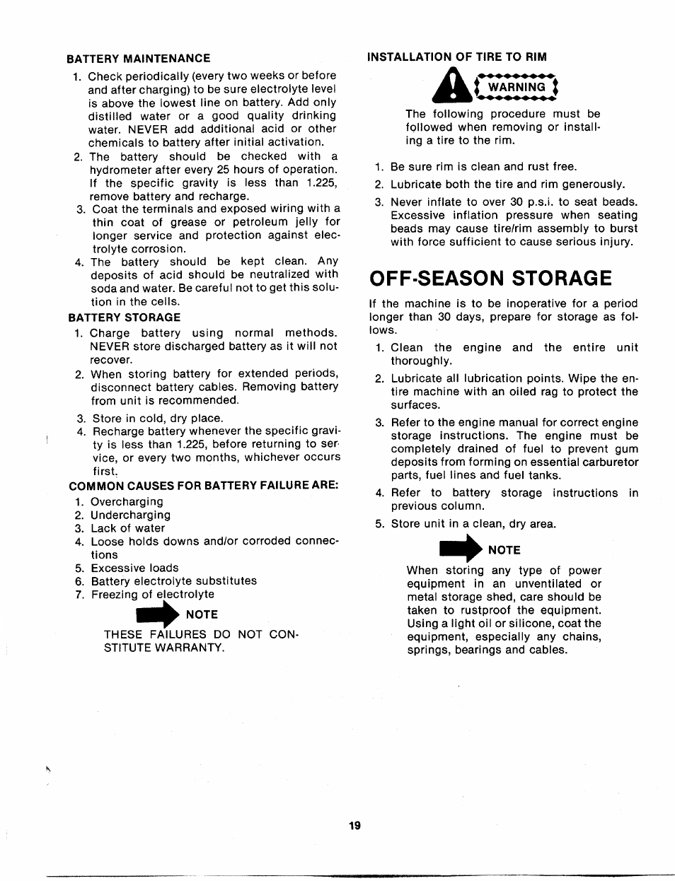Battery maintenance, Battery storage, Common causes for battery failure are | Note, Installation of tire to rim, Off season storage, Off-season storage | Bolens 135-688-000 User Manual | Page 19 / 40