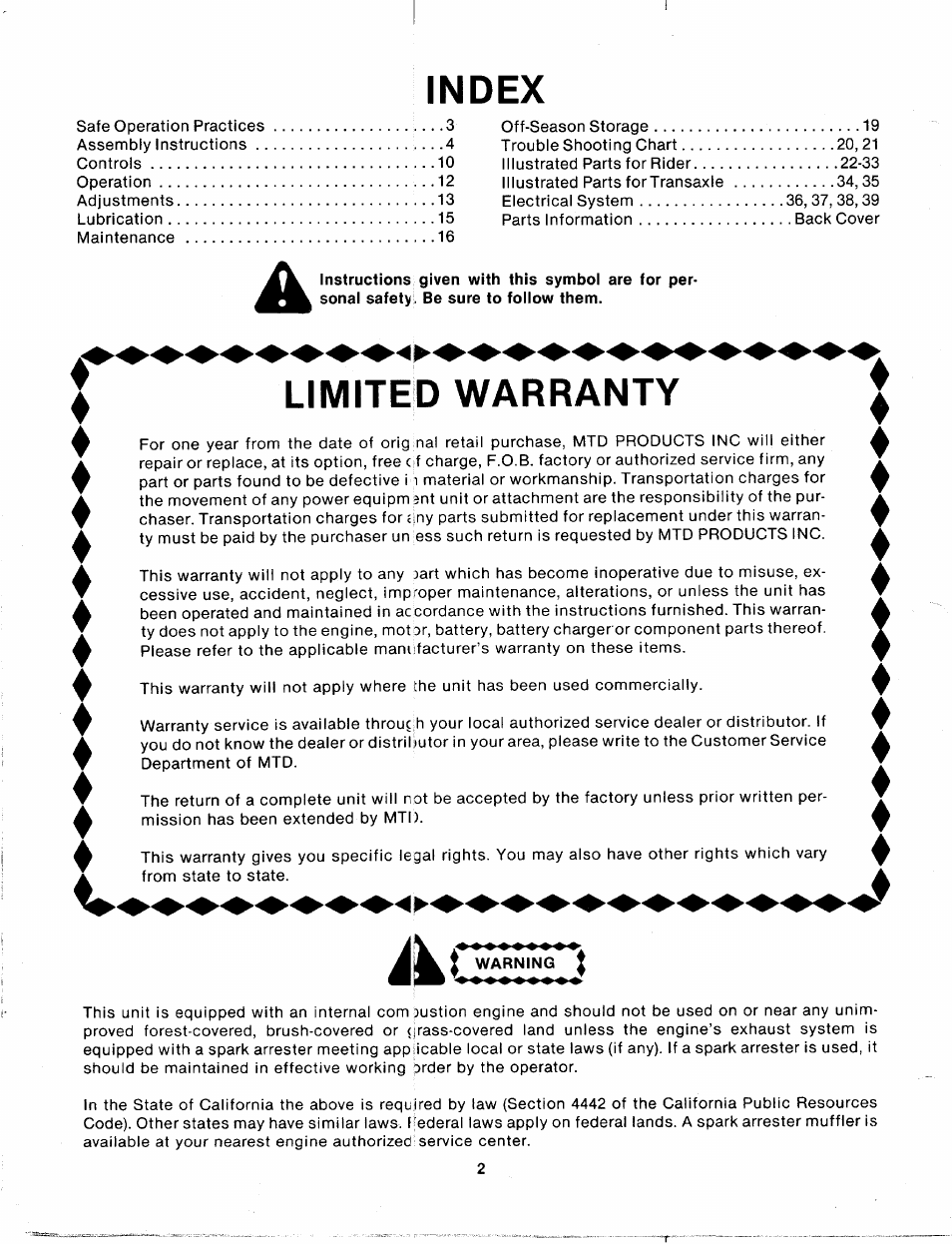Index, Limited warranty, Vlimited warranty | Bolens 135-688-000 User Manual | Page 2 / 40