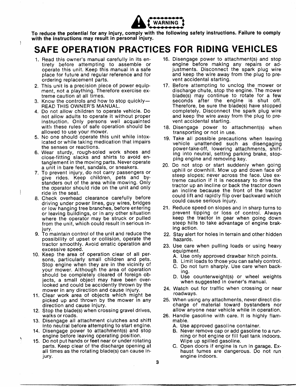 Safe operation practices for riding vehicles | Bolens 135-688-000 User Manual | Page 3 / 40