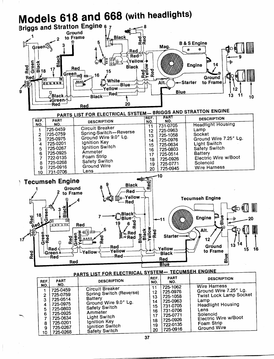 Models 618 and 668 (with headlights), With headlights) | Bolens 135-688-000 User Manual | Page 37 / 40