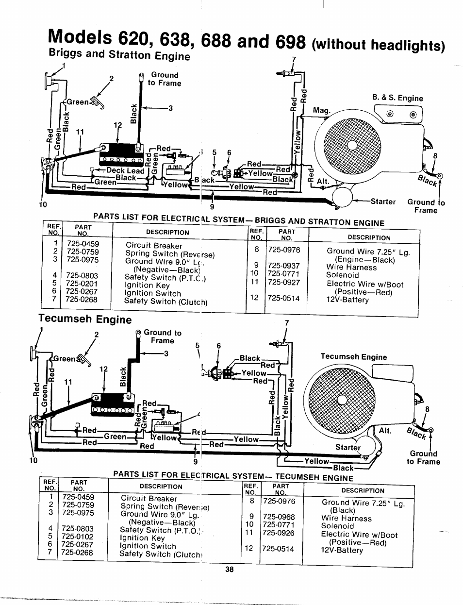 Models, 698 (without headlights), Briggs and stratton engine | Bolens 135-688-000 User Manual | Page 38 / 40