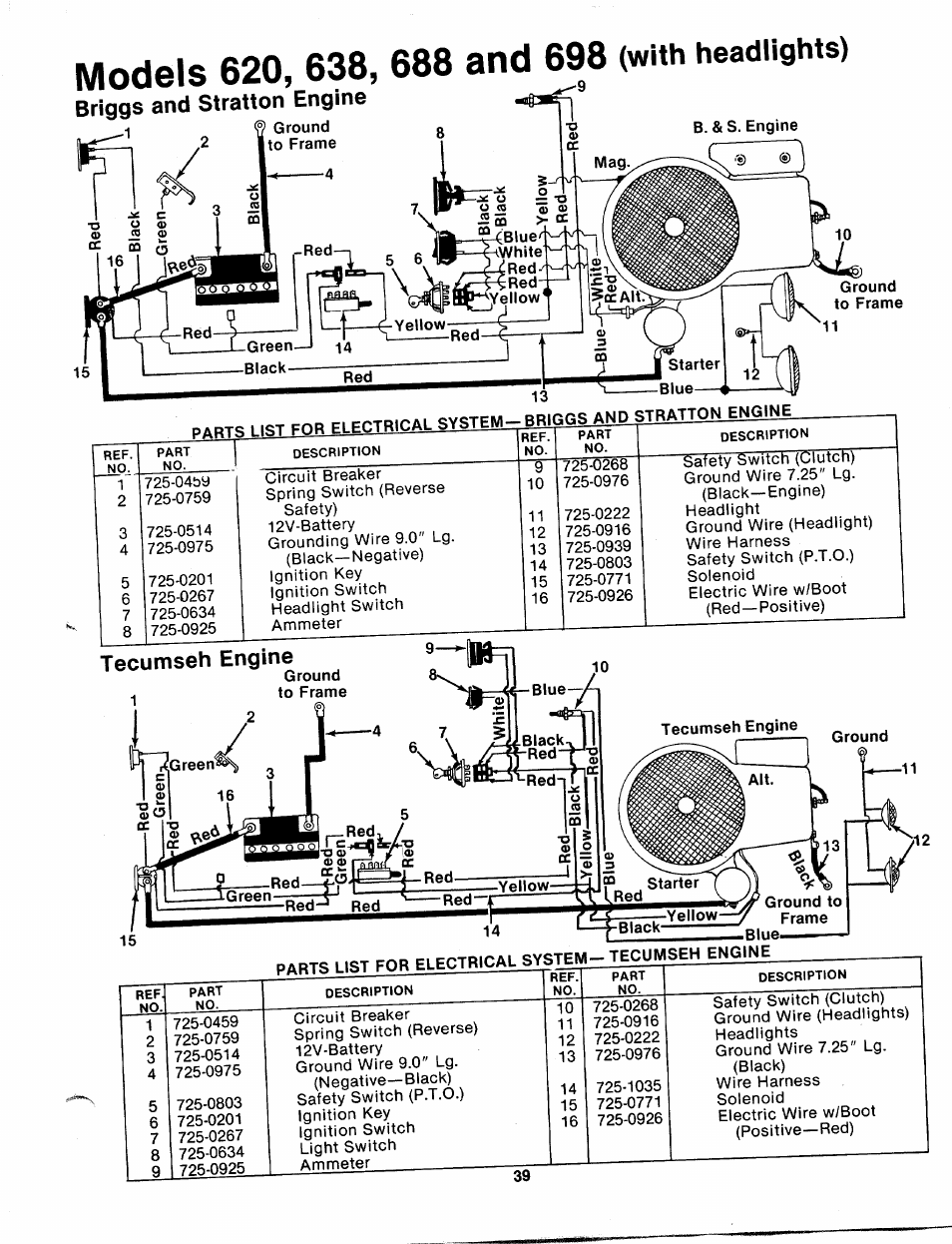 Tecumseh engine, With headlights), Briggs and stratton engine | Bolens 135-688-000 User Manual | Page 39 / 40