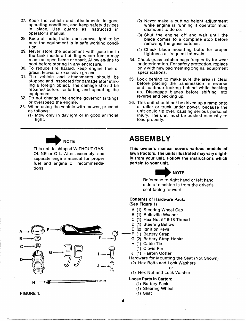 Note, Assembly, Contents of hardware pack | Bolens 135-688-000 User Manual | Page 4 / 40