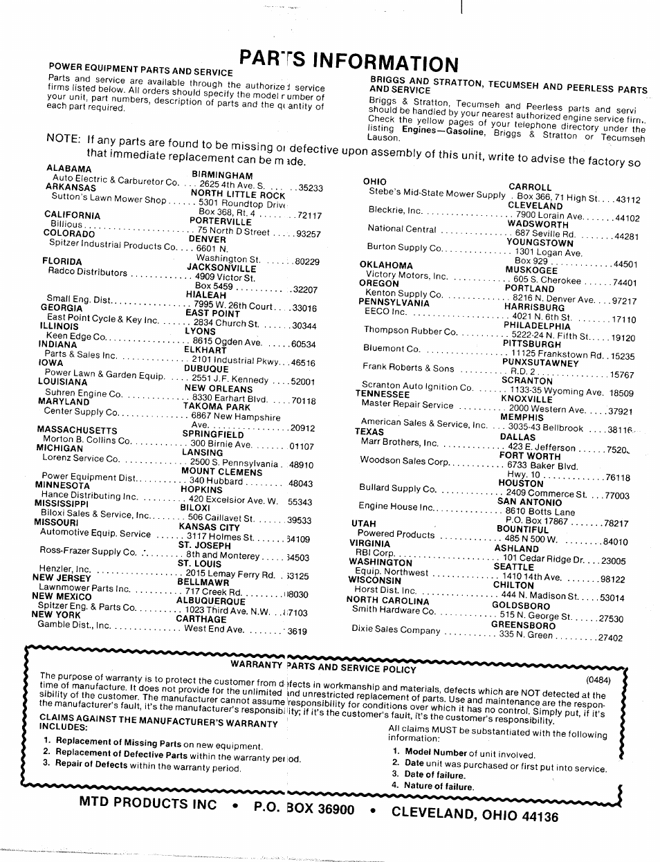 Parts information | Bolens 135-688-000 User Manual | Page 40 / 40