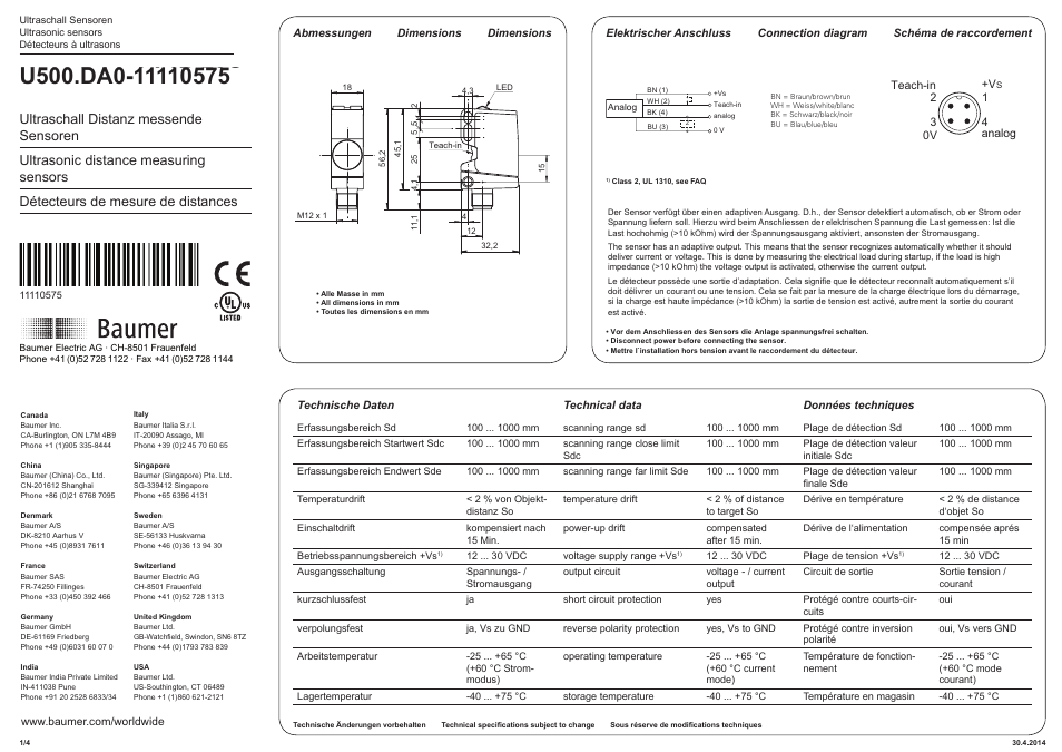 Baumer U500.DA0-AA1B.72O User Manual | 4 pages