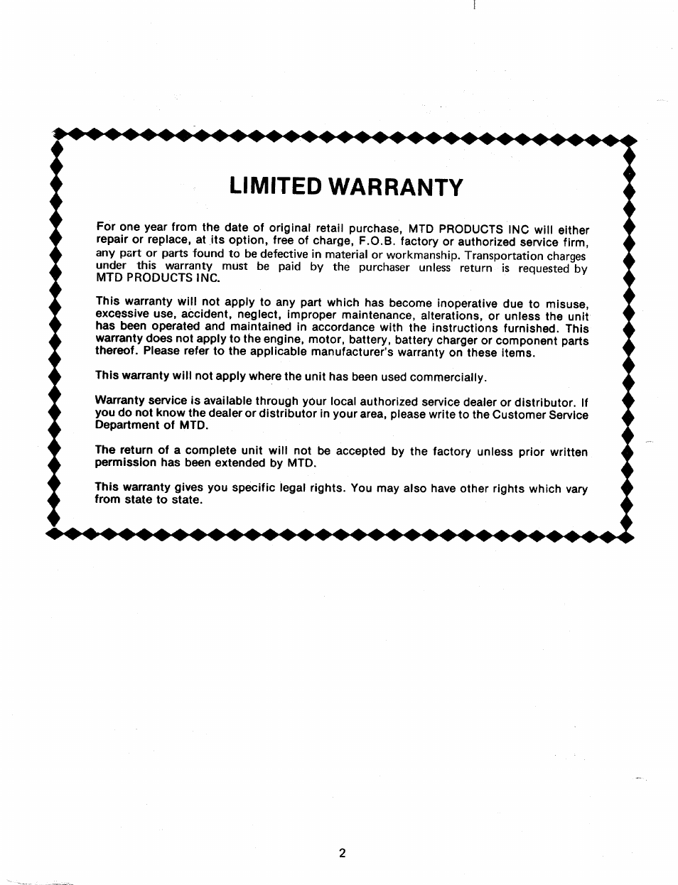 Limited warranty | Bolens 19967-1 User Manual | Page 2 / 22