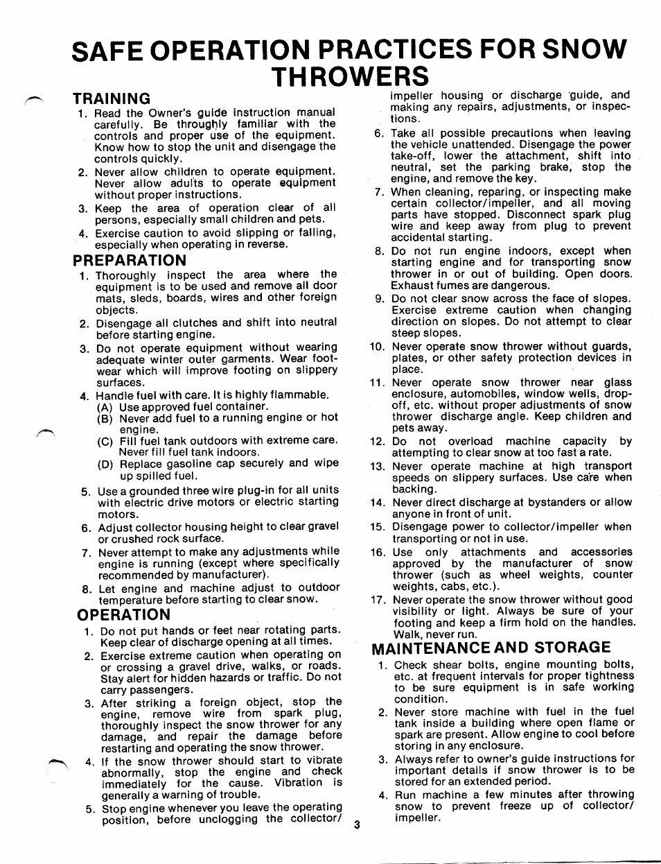 Safe operation practices for snow, Throwers, Training | Preparation, Operation, Maintenance and storage, Safe operation practices for snow throwers | Bolens 19967-1 User Manual | Page 3 / 22