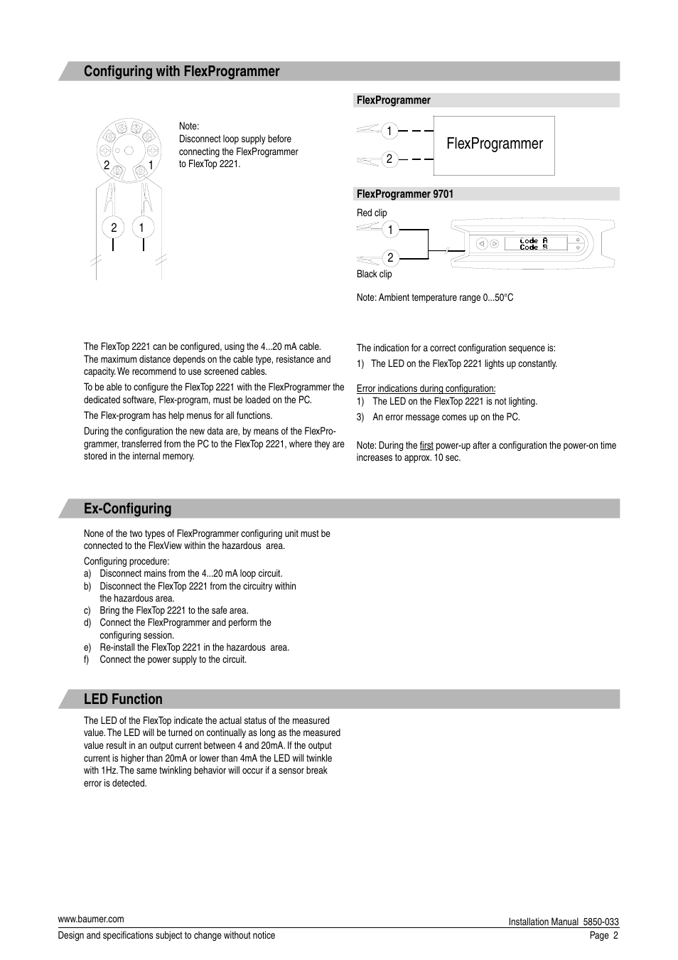Flexprogrammer, Ex-confi guring, Confi guring with flexprogrammer | Led function | Baumer Flex Top 2221 User Manual | Page 2 / 4