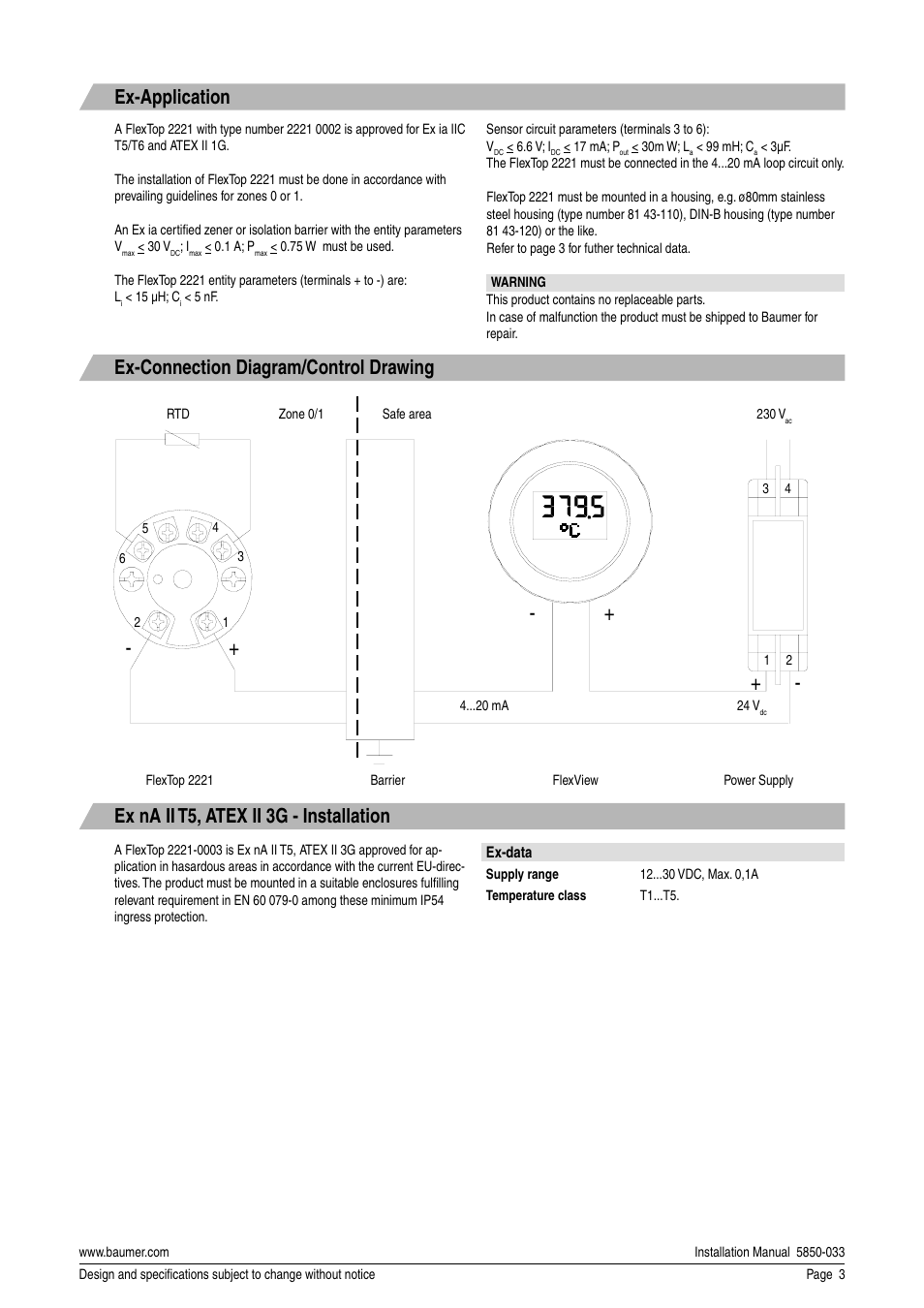 Ex-application, Ex-connection diagram/control drawing, Ex na ii t5, atex ii 3g - installation | Baumer Flex Top 2221 User Manual | Page 3 / 4