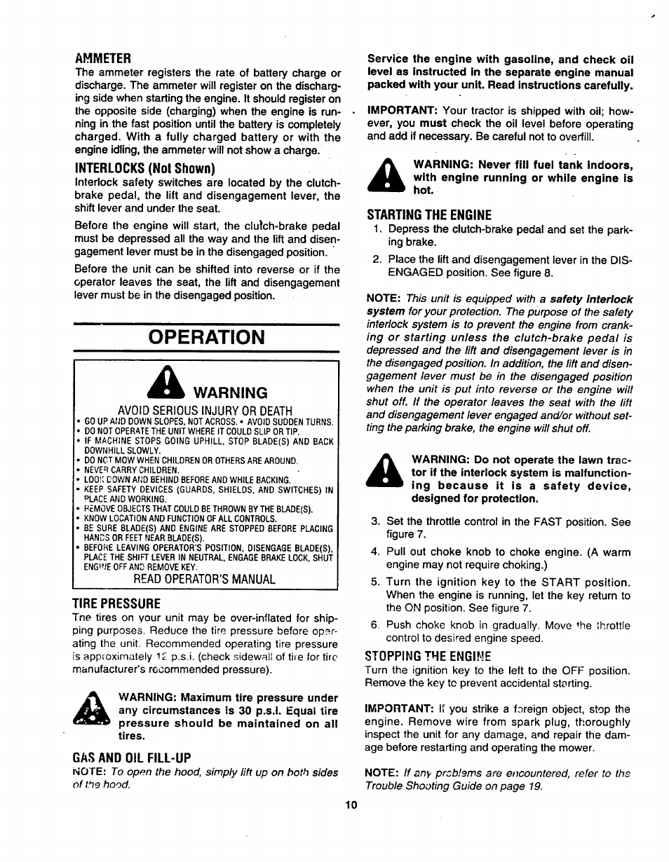 Ammeter, Interlocks (not shown), Operation | Tire pressure, Gas and oil fill-up, Starting the engine, Stopping the engine | Bolens TMO-3394704 User Manual | Page 10 / 36