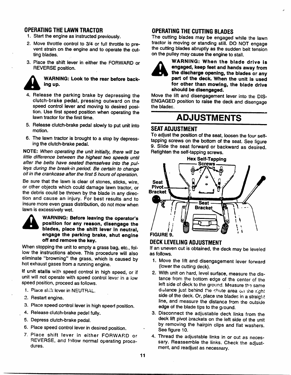 Operating the lawn tractor, Warning: look to the rear before backing up, Operating the cuhing blades | Adjustments, Seat adjustment | Bolens TMO-3394704 User Manual | Page 11 / 36